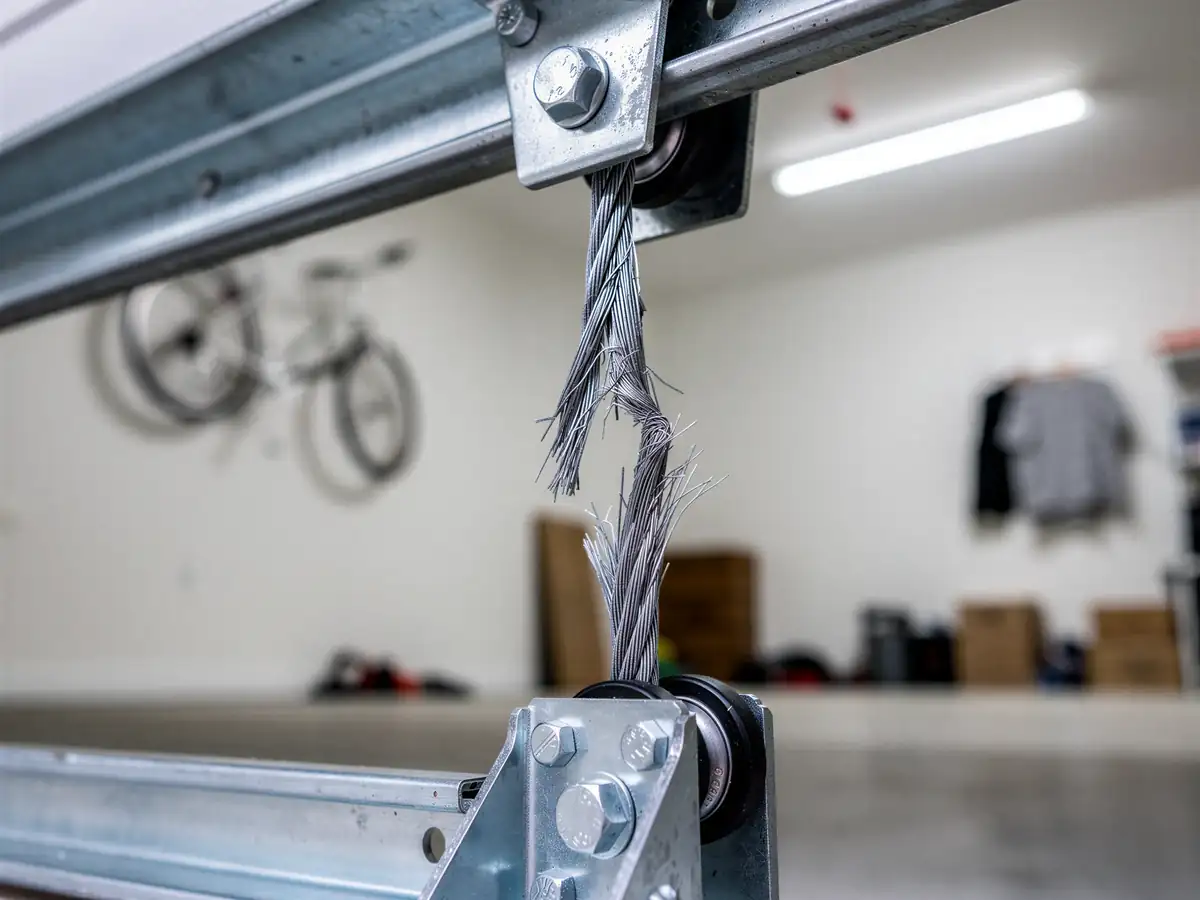 A frayed garage door cable is attached to a metal bracket.
