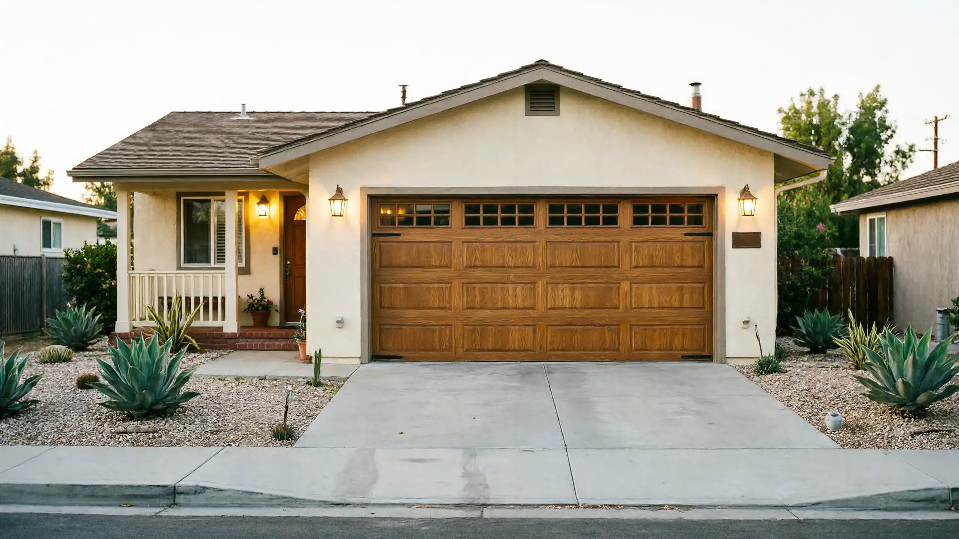 A light-colored house has a brown garage door with windows and two outdoor lights.