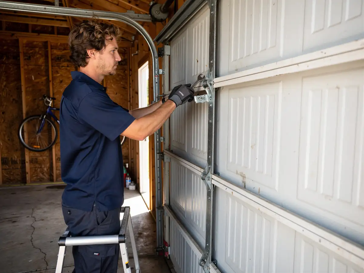 A technician on a ladder adjusts a white garage door.