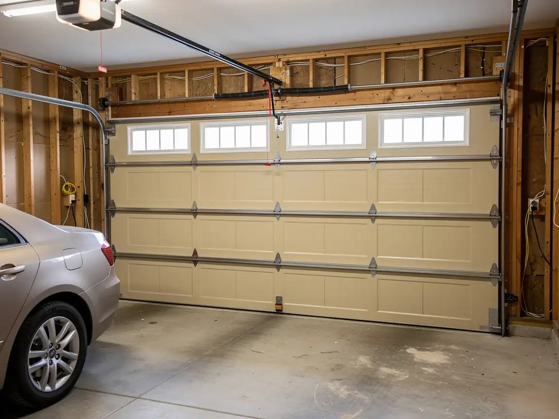 A beige garage door with windows is closed in a garage with a car.