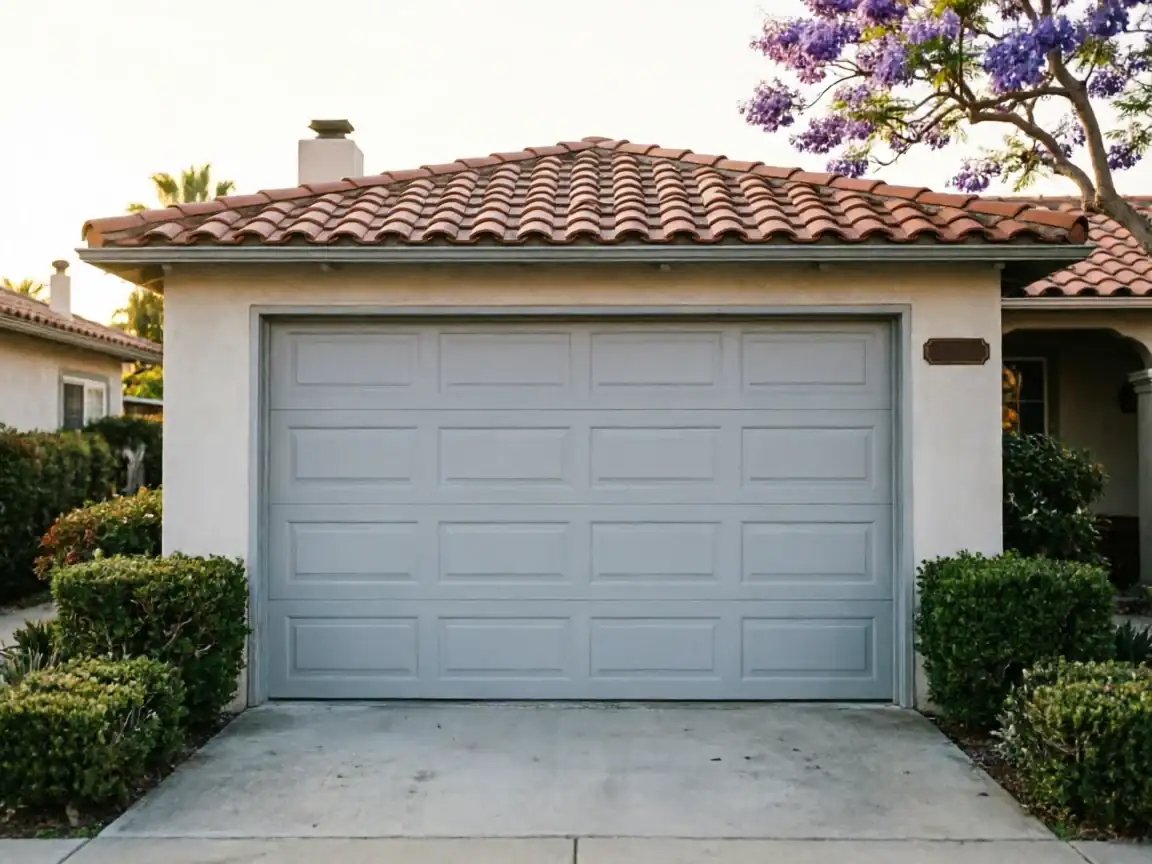 A light gray garage door is on a house with a red tile roof.