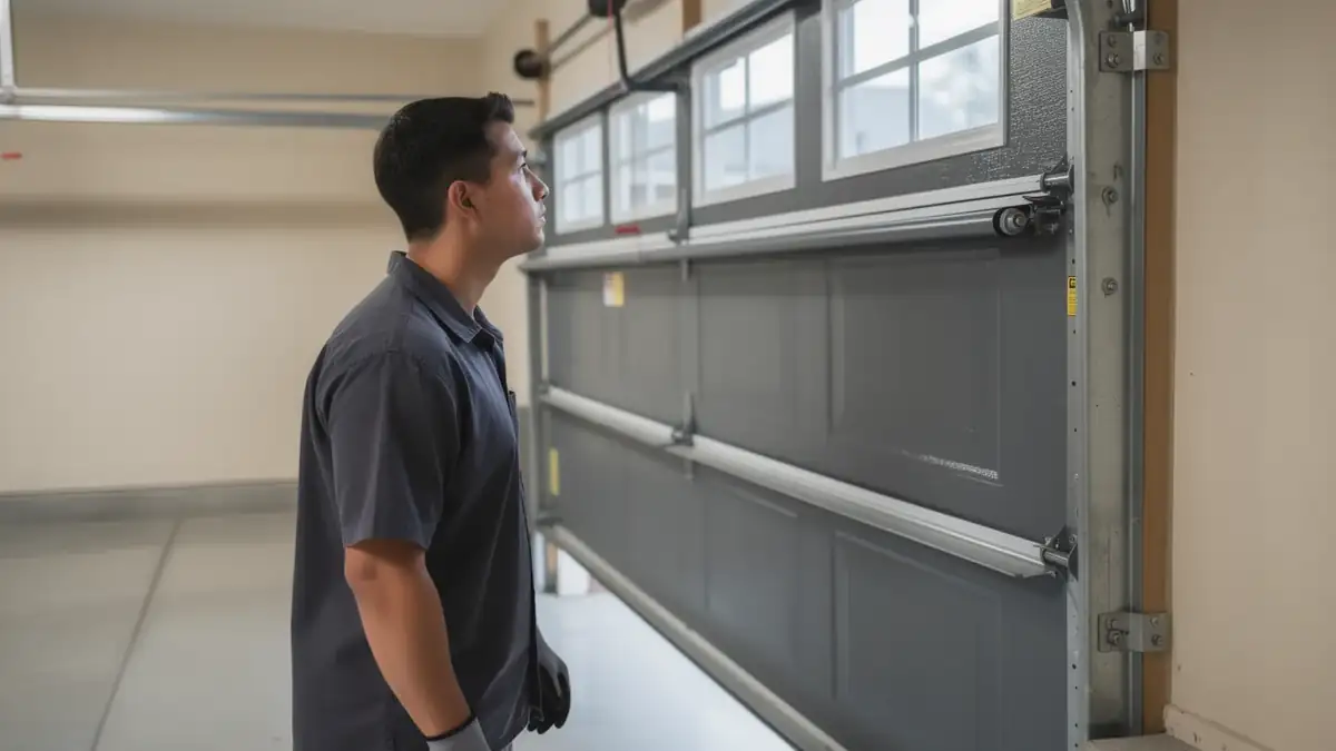 A technician in a gray shirt looks up at a gray garage door with windows.
