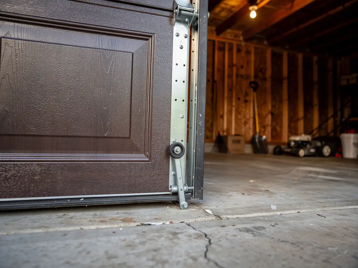 A brown garage door is slightly open, showing the roller and track.